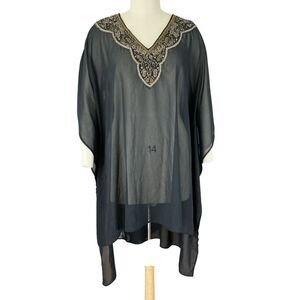 Chico's Swim Cover L / XL Beaded Sequined Neck Black Sheer Chiffon Beach Kaftan